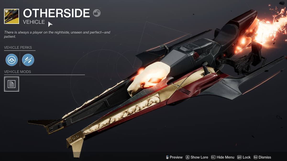 The info screen for the Otherside Exotic Sparrow in Destiny 2