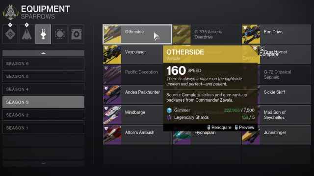The season 3 sparrow page in the Collections tab in Destiny 2