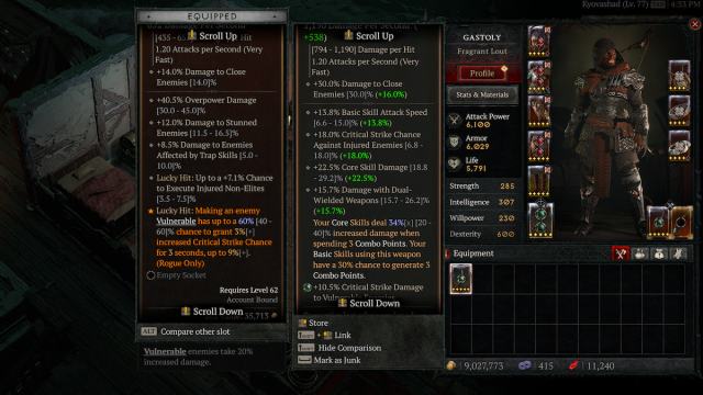 The inventory screen in Diablo 4 showing a Legendary and Unique item