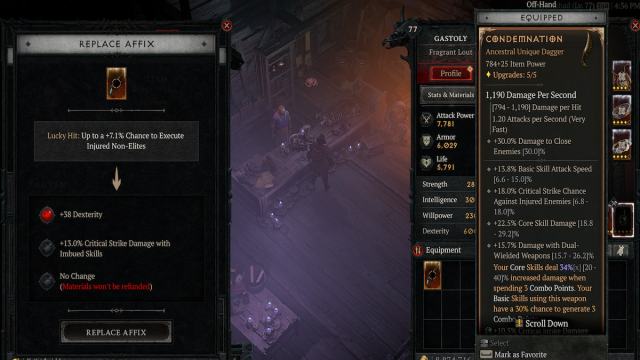 The menu Diablo 4 players see when rerolling affixes on Legendary gear in Diablo 4