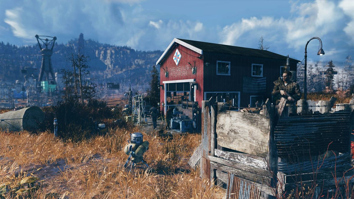 A small settlement in Fallout 76 with a guard station