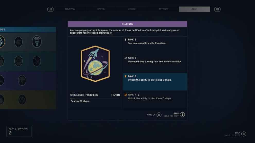 Starfield, Skill tree, Piloting