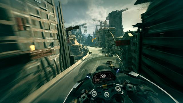 The player in Ghostrunner 2 using a motorbike in the wastelands outside of the cyberpunk city