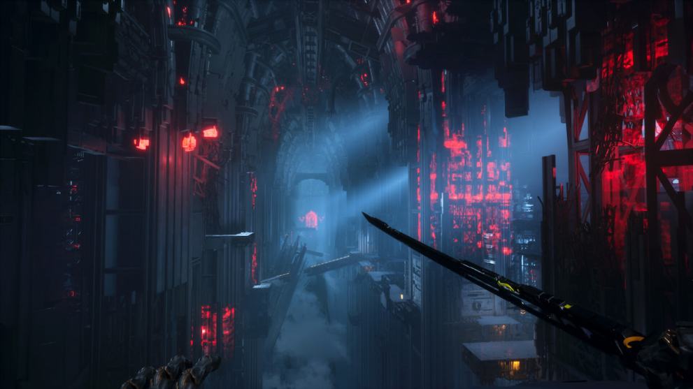 A screenshot of Ghostrunner 2 depicting a post-apocalyptic cyberpunk world