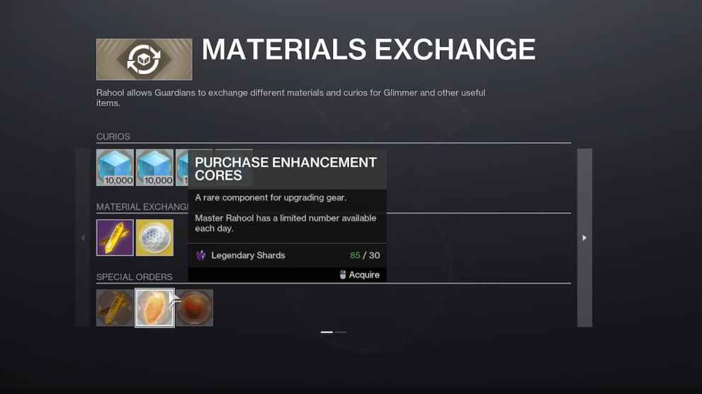 The material exchange screen from the Cryptarch in Destiny 2