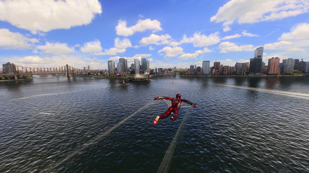 Spider-man flying over the Hudson river in New York with a wingsuit