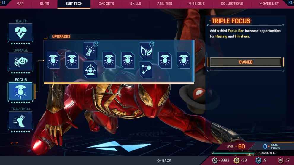 A screenshot of the Focus upgrades for Spider-man