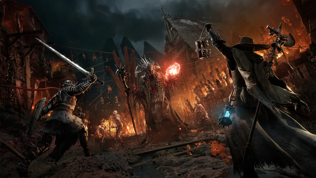 Two players fighting a magical boss in Lords of The Fallen 2023