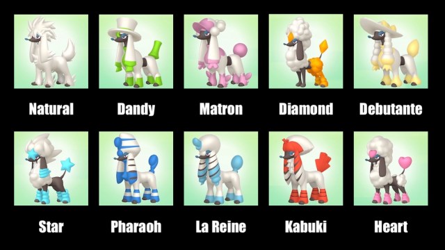 Furfrou's various Trims, as seen in Pokemon HOME