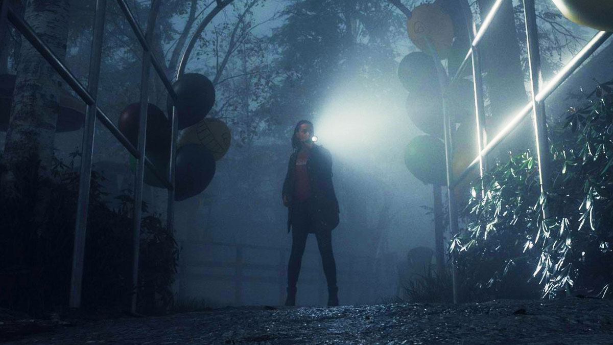 Saga Anderson with flashlight surrounded by balloons in Alan Wake 2 promo shot