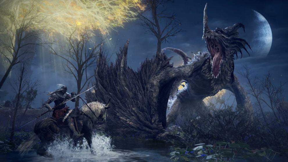 A character in Elden Ring fighting a giant dragon