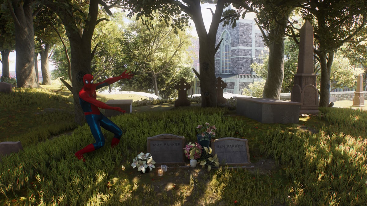 Spider-Man 2 Peter Gesturing Toward Aunt May's Grave