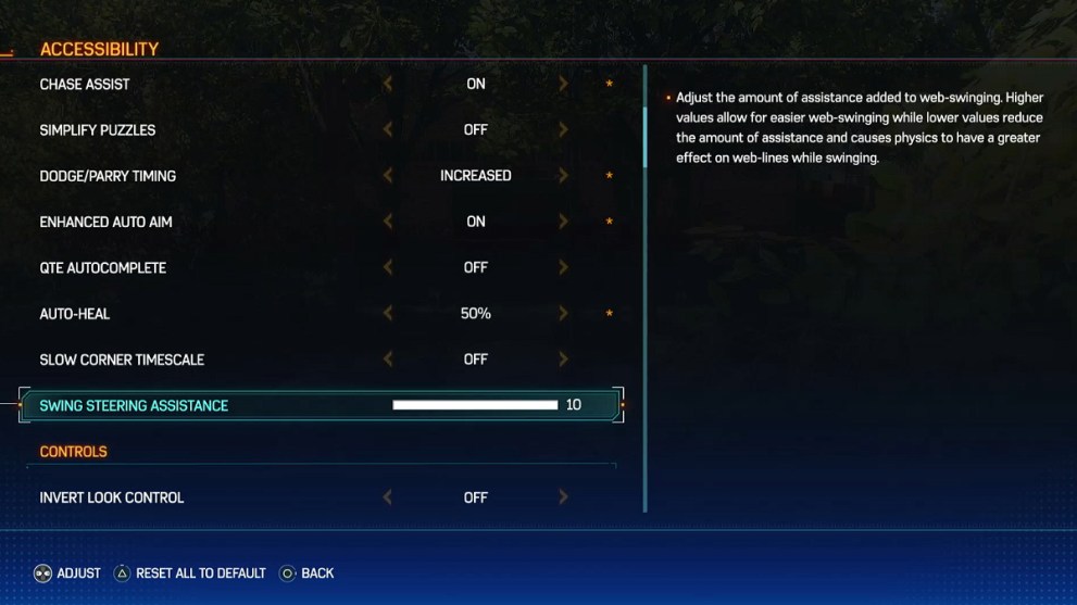 The Swing Steering Assistance setting in Spider-Man 2.