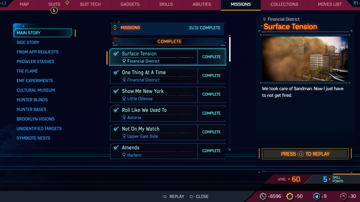 View of Spider-Man 2 Mission List and Mission Replay Option