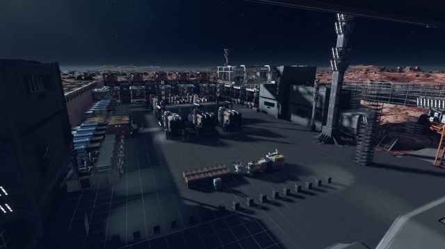Starfield player outpost factory with rows of storage containers.