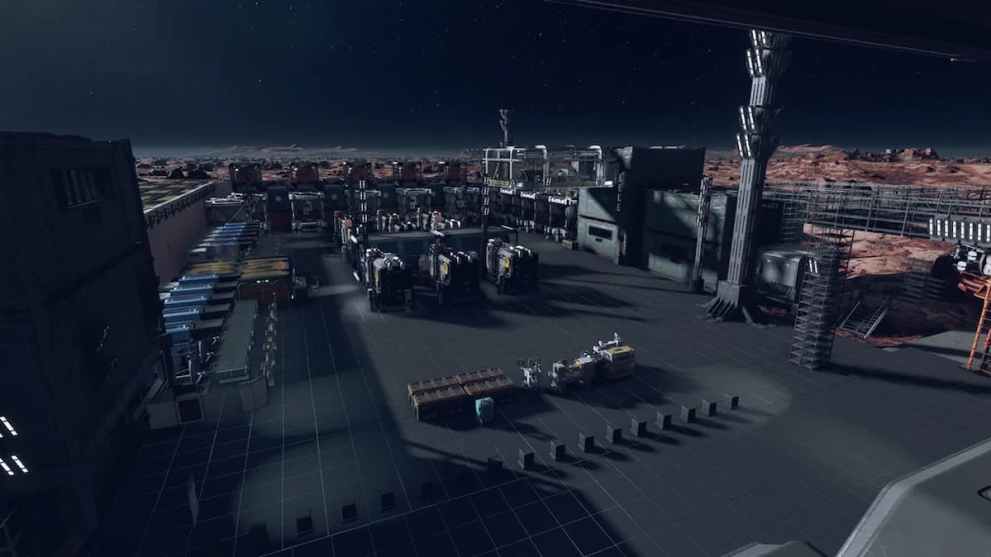 Starfield player outpost factory with rows of storage containers.