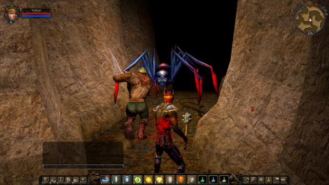 A warrior fighting a spider in a cave in Dungeon Lords