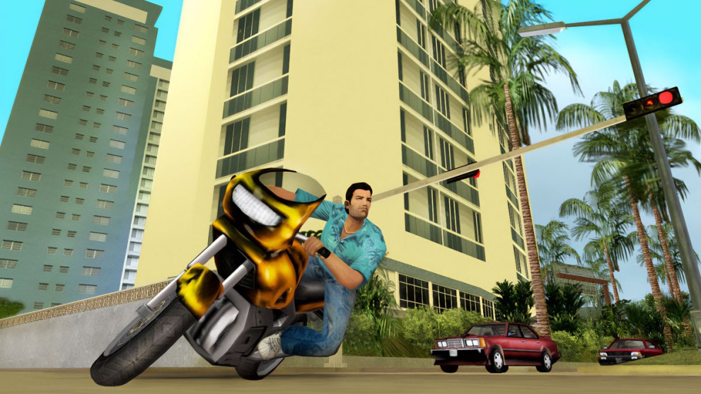 Tommy on a motorbike in Grand Theft Auto Vice City