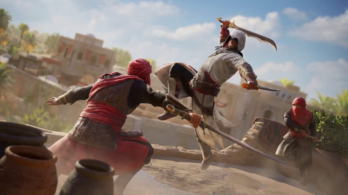 Image from Assassin's Creed Mirage, depicting Basim locked in combat