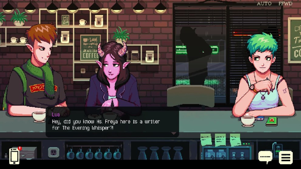 An elf-like and succubus-like creature are talking to each other at the left of a coffee bar.   A short green-haired woman sits to the right, looking at them, listening.