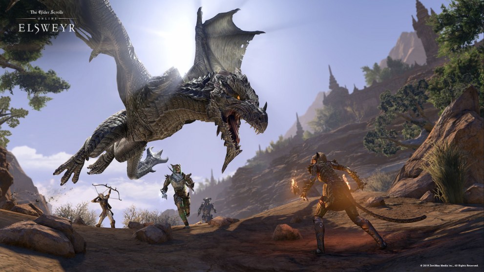 In the world of the Elder Scrolls game series. A dragon flies low to the ground to attack a group of travellers. One traveller is running from it while others are attmpting to fight it.