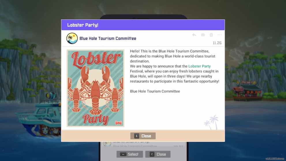 Lobster Party Notification in Dave the Diver