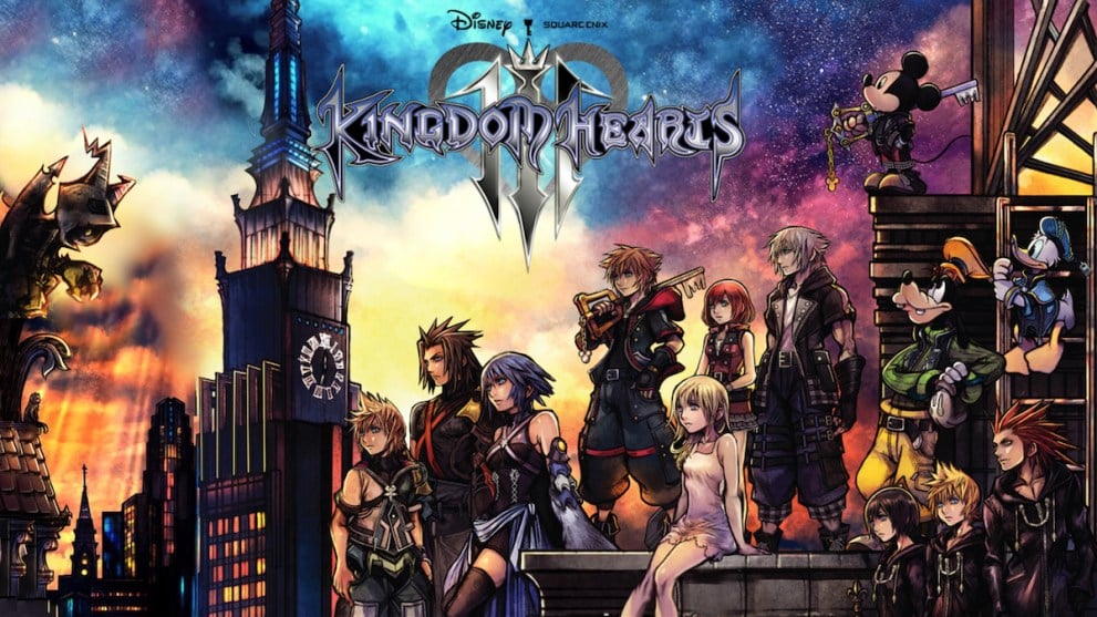 kingdom hearts 3 logo with characters atop a building