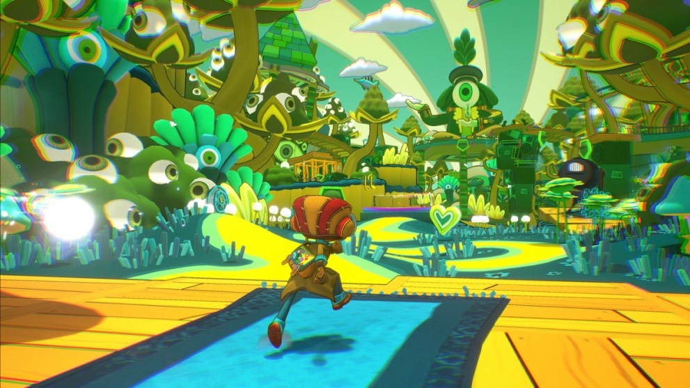 Psychonauts series protagonist Raz runs towards an imposing figure with a singular eye in place of their head.   Trees and shrubs bearing eyes surround the scene.