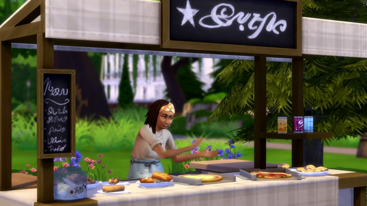 A Sim running a food stand in The Sims 4 Home Chef Hustle Pack