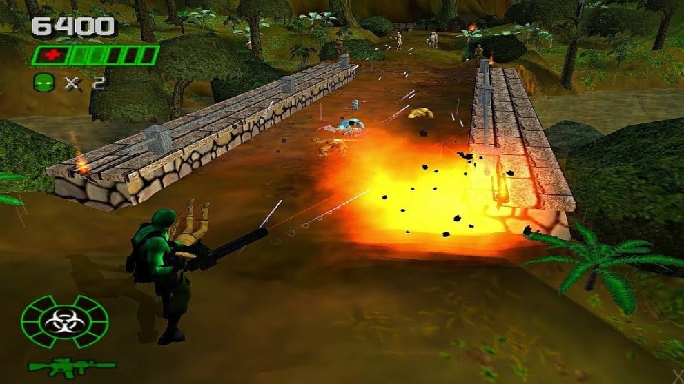 A green toy soldier shooting a gun in Army Men: Green Rogue for PS2.