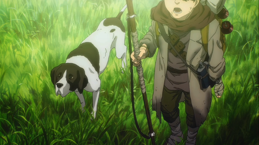 The kid with a dog at the end of Attack on Titan.