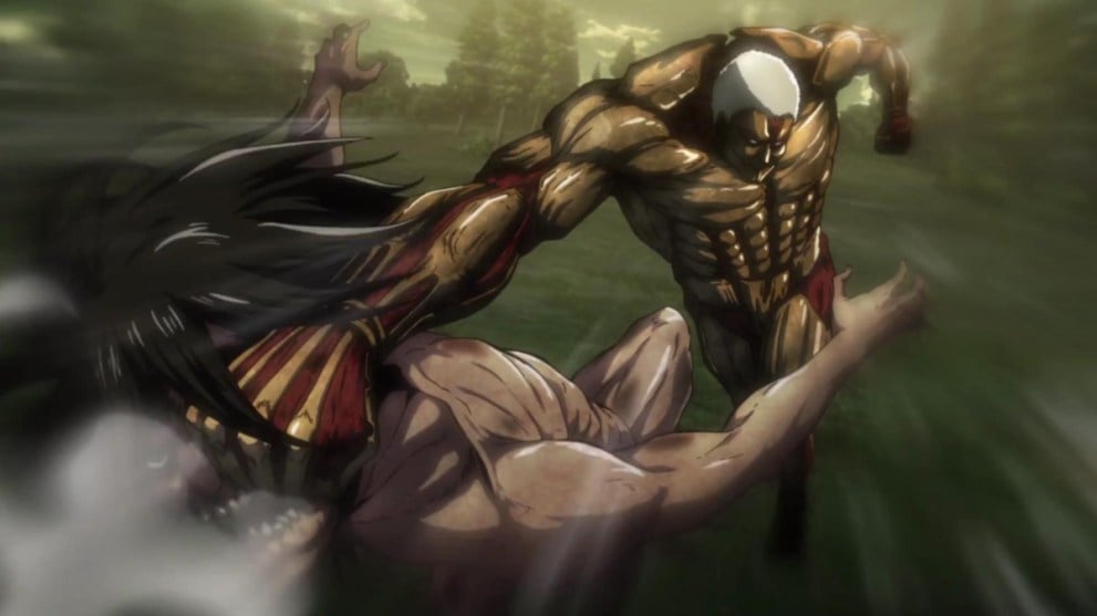 Eren and Reiner trade blows while in their Titan form in this scene from Attack on Titan