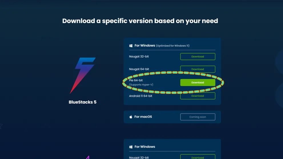 Bluestacks download page with Pie 64-bit version circled