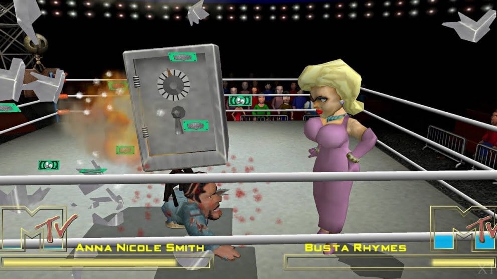 Anna Nicole Smith and Busta Rhymes fighting in Celebrity Deathmatch for the PS2