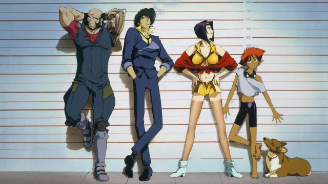 Main Cast Lined up Along Police Suspect wall in Cowboy Bebop (Best Anime You Can Watch on Hulu)