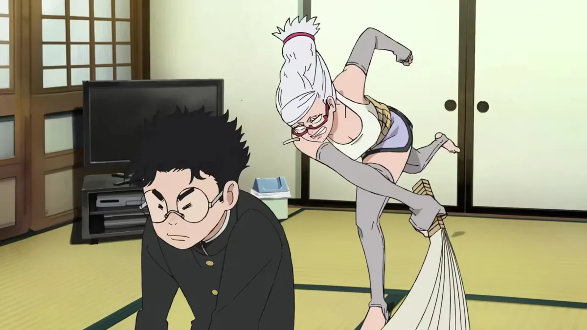 Granny Smacking Takakura With Paper Fan in Dandadan Anime