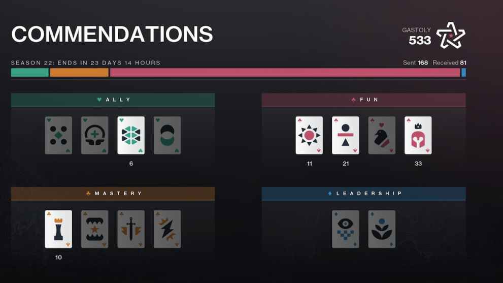 The info page for Commendations in Destiny 2