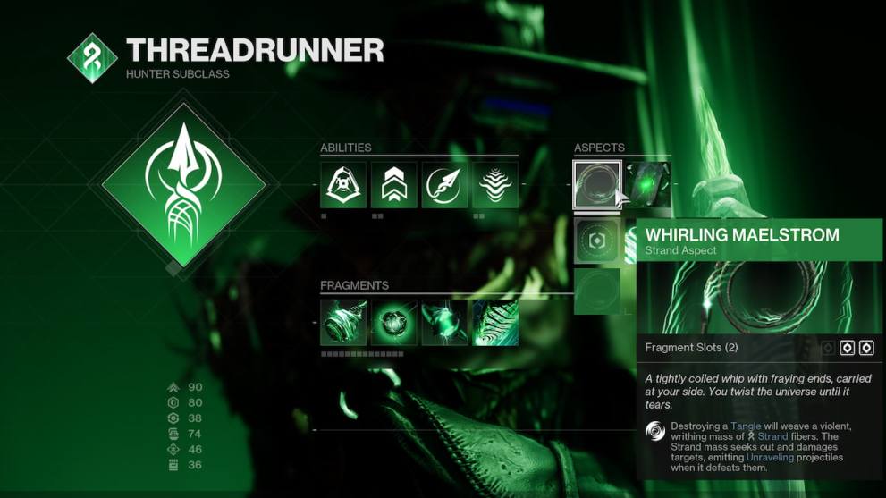 The Strand Hunter subclass page showing Aspects and Fragments in Destiny 2