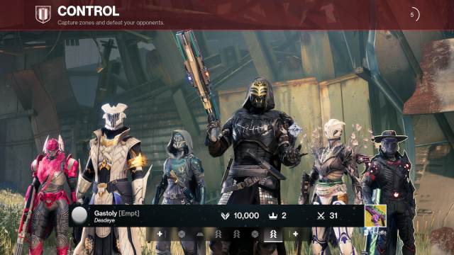 Six Guardians in the team-lineup screen at the start of a Control match in the Crucible in Destiny 2