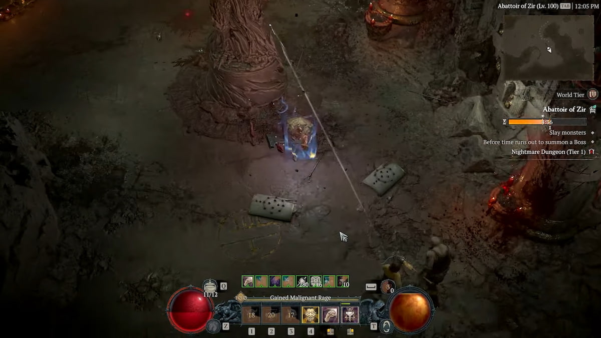 A screenshot of a Barbarian in a Abattoir of Zir dungeon in Diablo 4