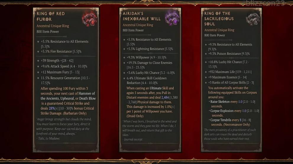 The second part of the graphic showing 5 new unique rings inspired by Diablo 4's season of the malignant