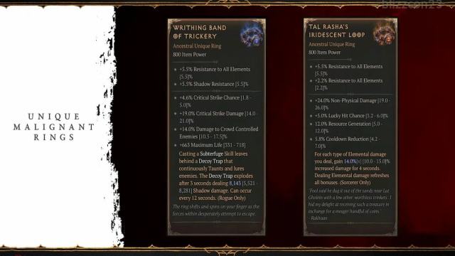 A graphic showing 2 of the 5 new malignant rings in Diablo 4 patch 1.2.2