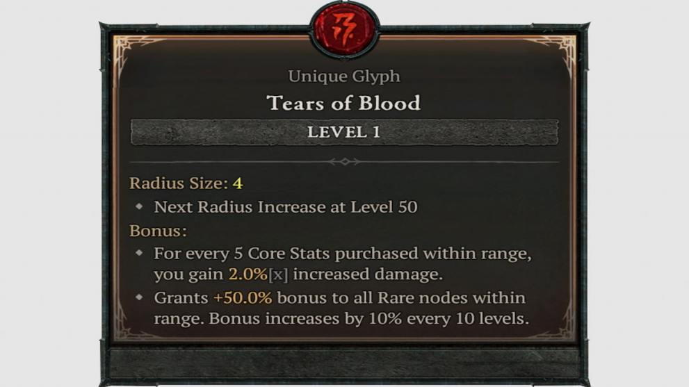 A screenshot of the new Unique Glyph: Tears of Blood