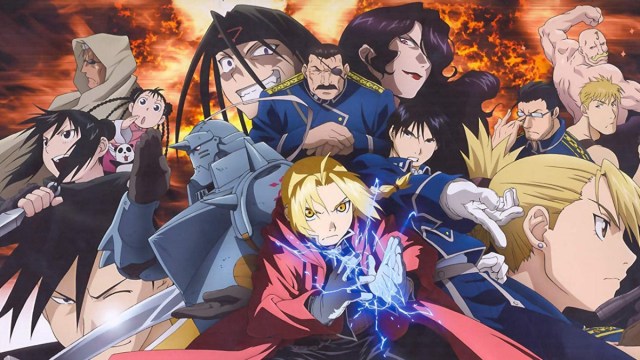 Cast Standing in Front of Flaming Background in Fullmetal Alchemist Brotherhood