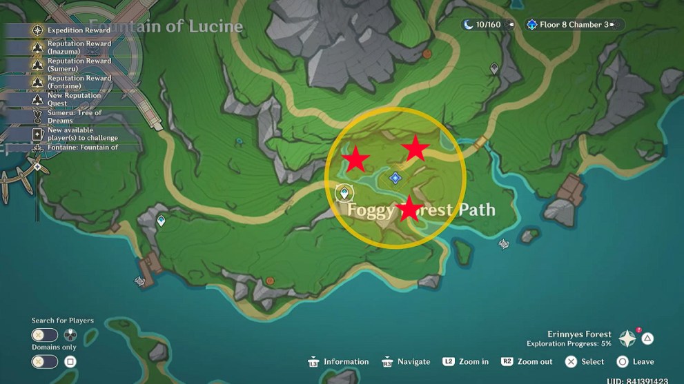 The locations of the three bacterial mats in Foggy Forest Path in Genshin Impact.