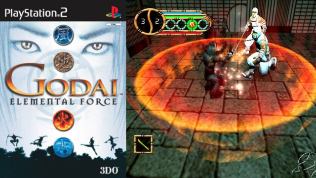 The box art (left) and gameplay footage (right) for GoDai: Elemental Force for the PS2.