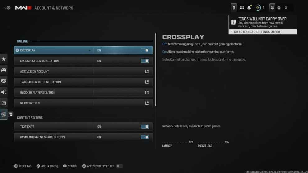 the crossplay section of the MW3 menu