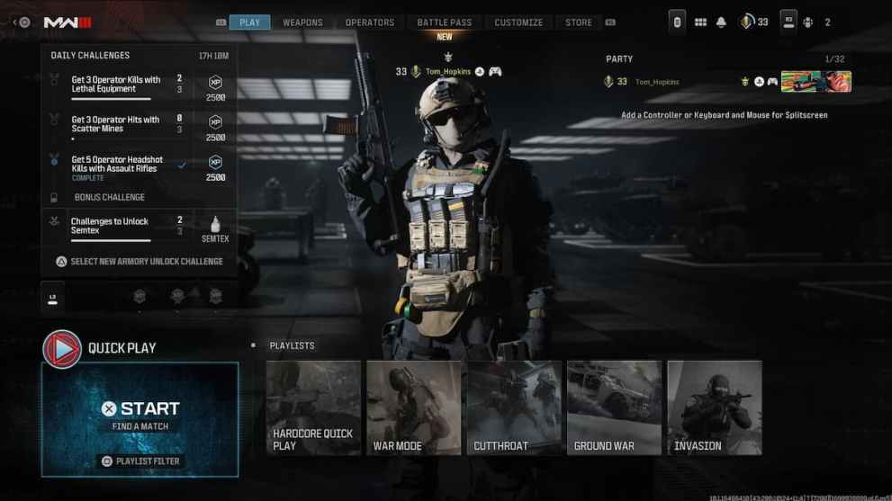 the main lobby menu in MW3 multiplayer