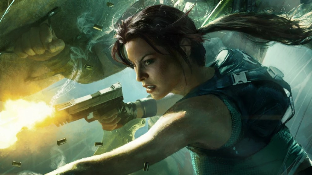 Lara Croft in an action pose.