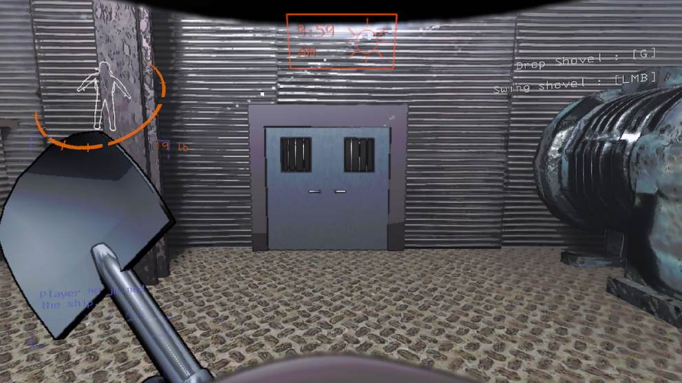 A screenshot of an entrance in Lethal Company while holding a shovel